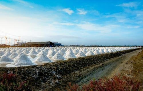 Sea salt farm and barn in Thailand. Organic sea salt. Raw materi